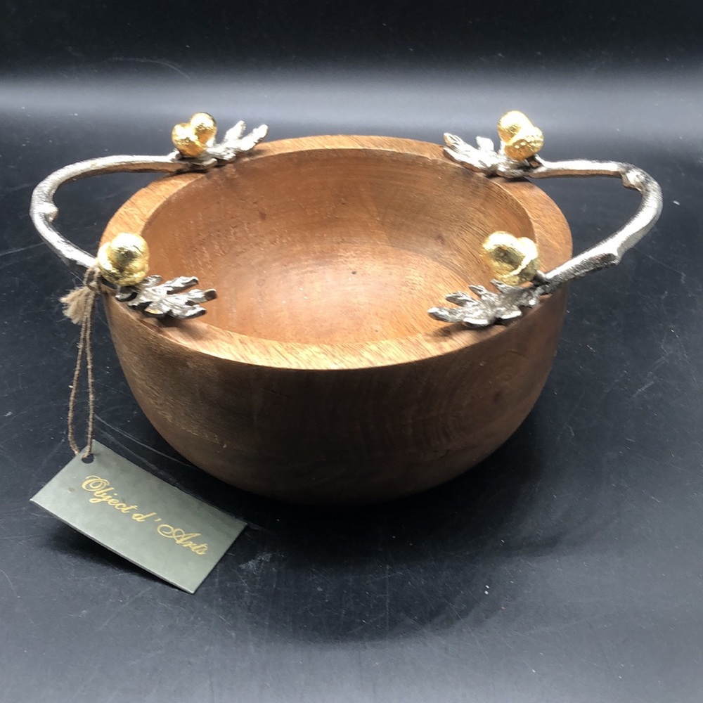 Wooden 6” Bowl w/ Metal Handles New